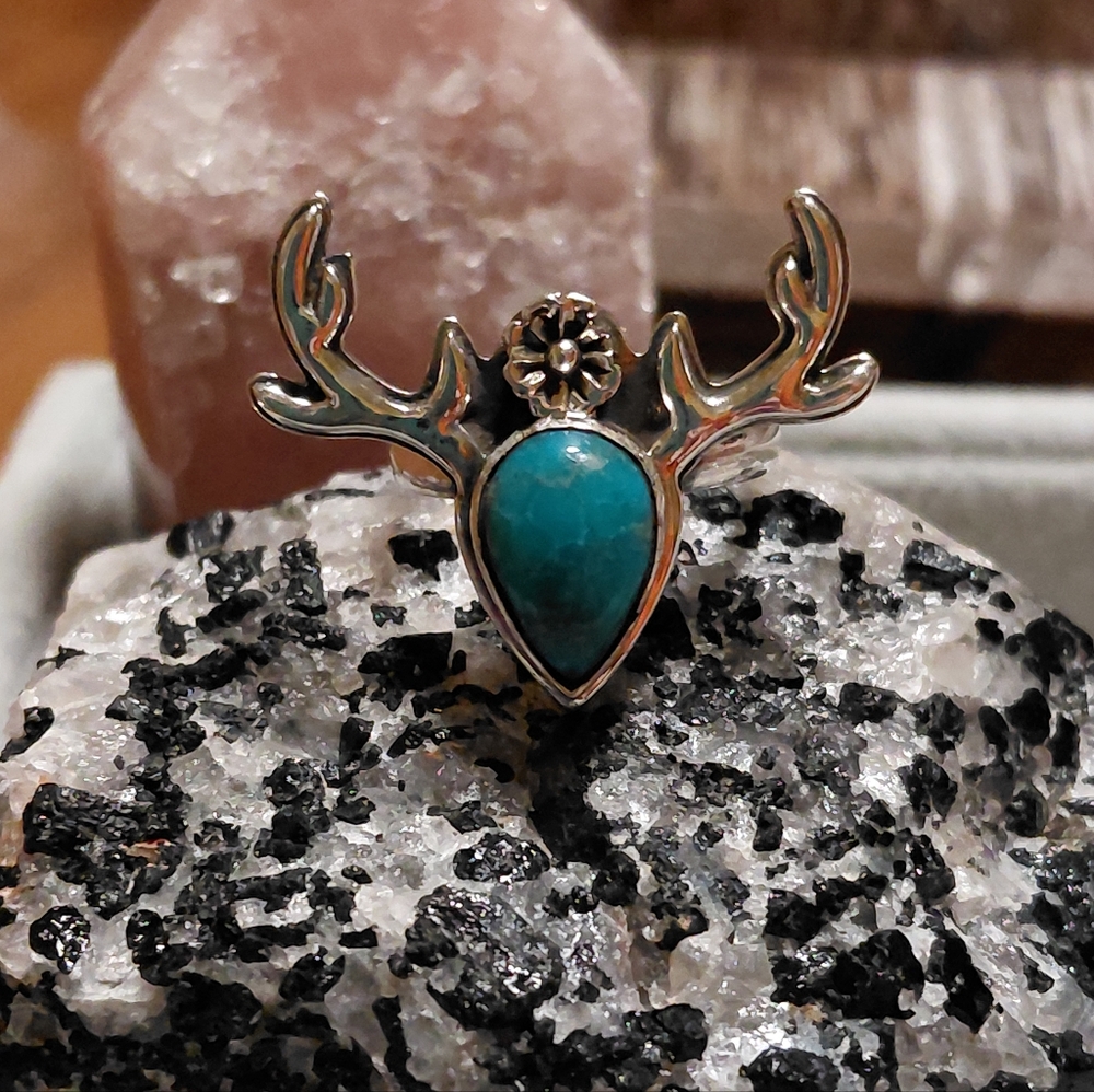 Silver Antler Deer Turquoise Ring Size 7.25